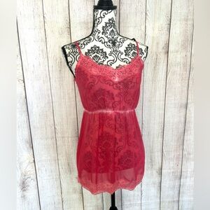 Guess Women’s Red Lace Trim Babydoll Sheer Slip Chemise Dress Size S